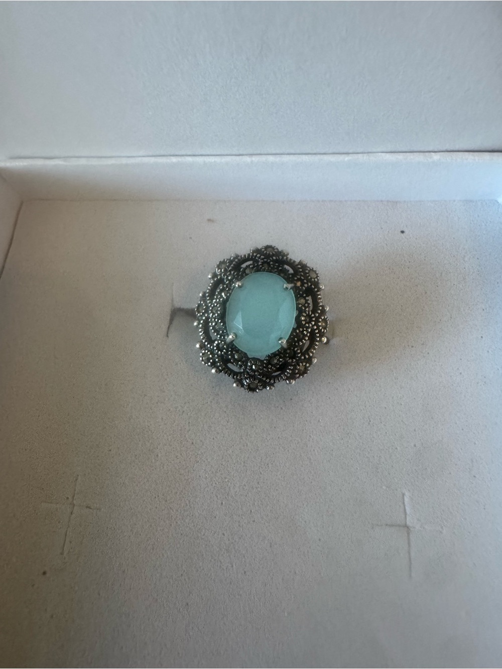 Sterling Silver 925 Vintage filigree marcasite Chalcedony Gemstone Ring